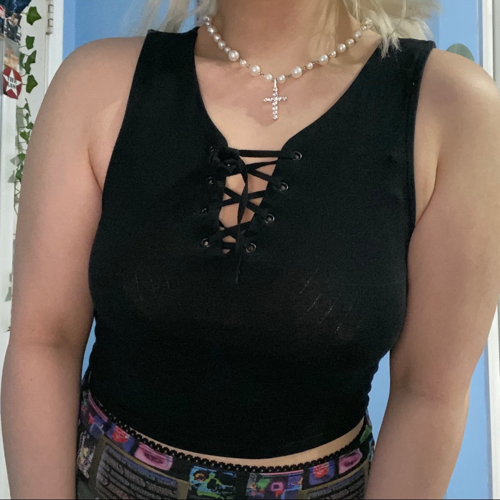 Topshop black lace up crop top